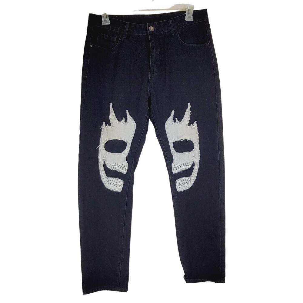 Mens Embroidered Flaming Skull baggy black jeans size 36 grunge skater punk